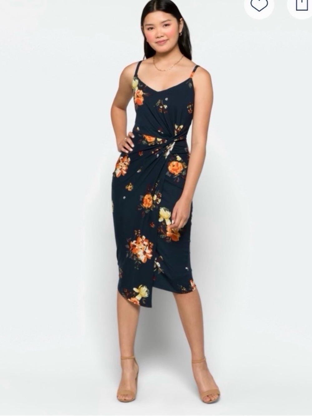 Nine Britton Floral Twist-Front Navy Midi Dress